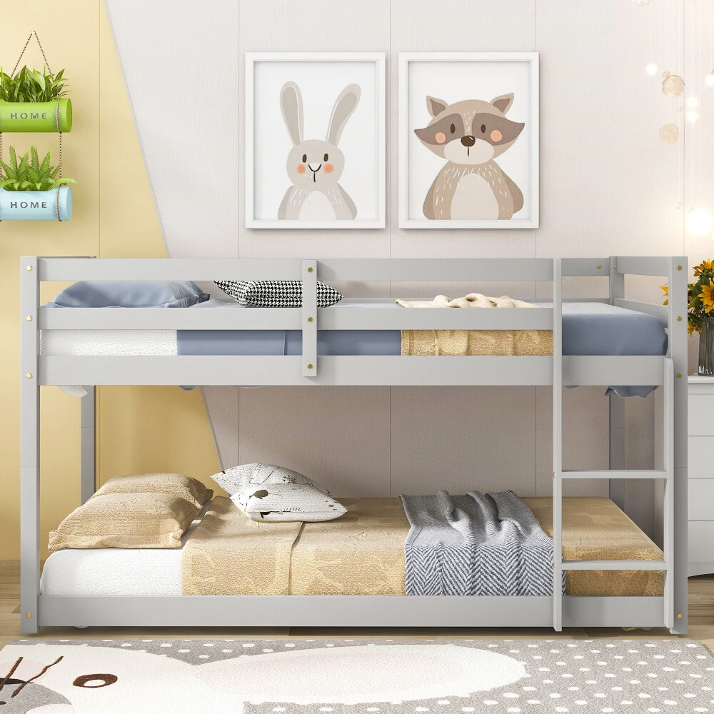 Twin over Twin Size Floor Bunk Bed Wooded Bed Fram